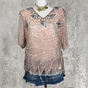 100% silk rare and unique light pink beaded and sequin top with handkerchief
